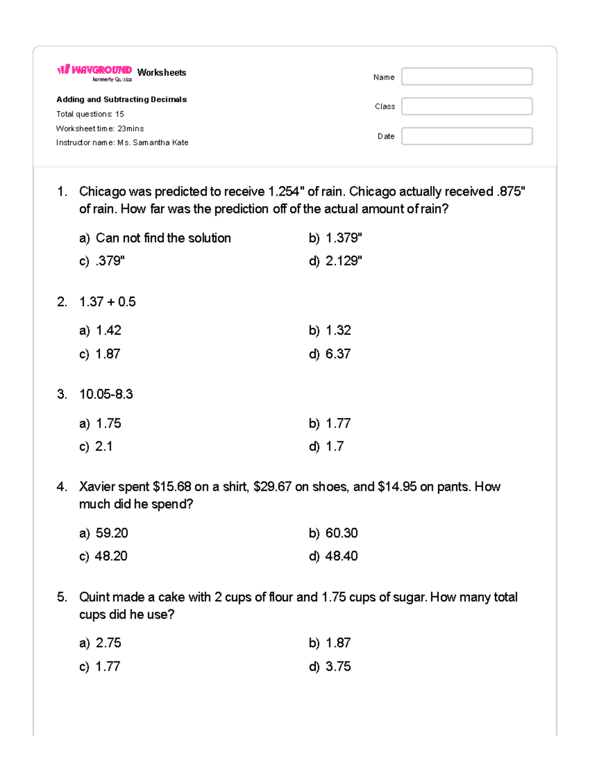 Quizizz - Adding and Subtracting Decimals Worksheet (15 Qs) - Studocu