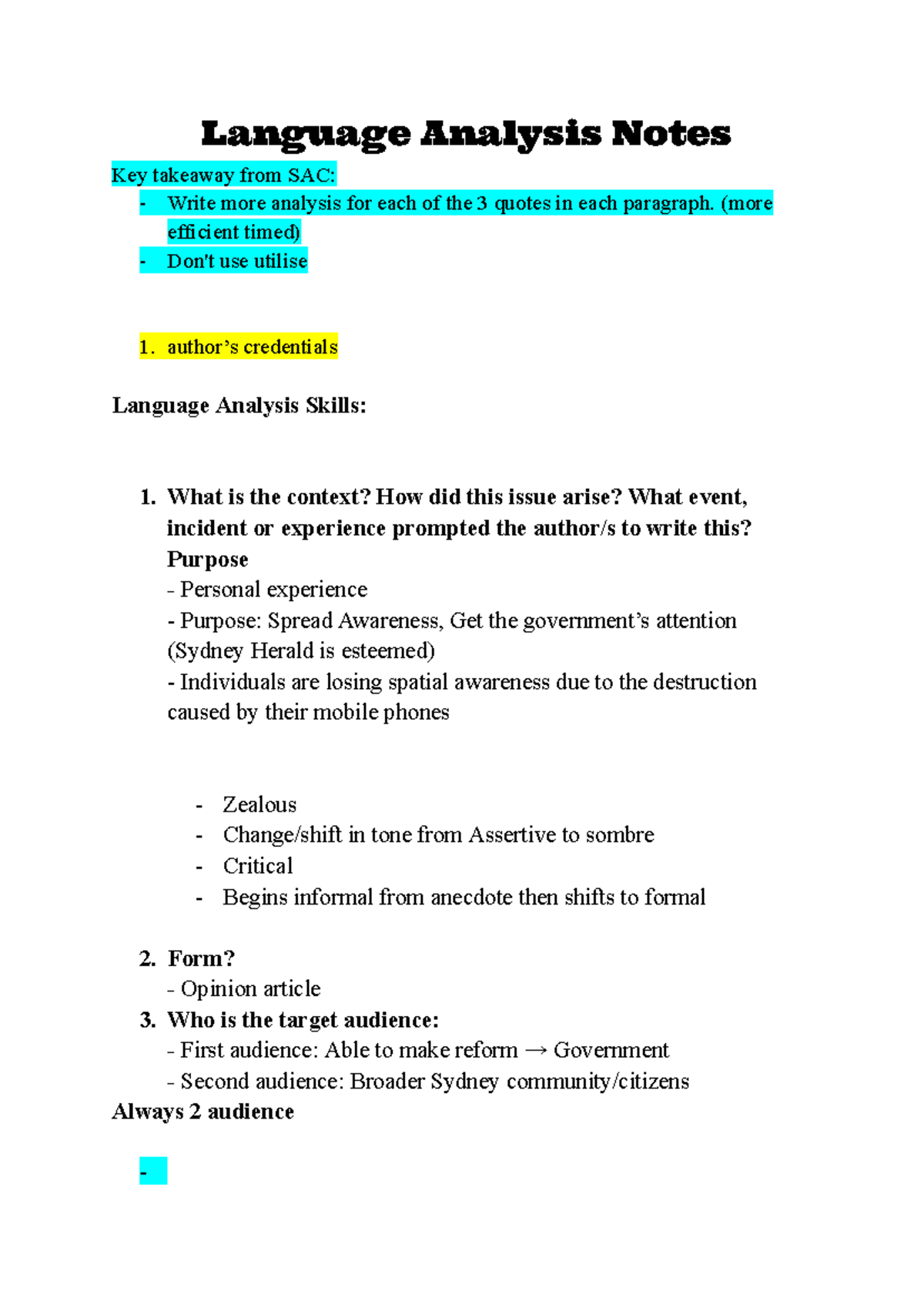 Language Analysis Notes: Key Techniques and Audience Engagement ...