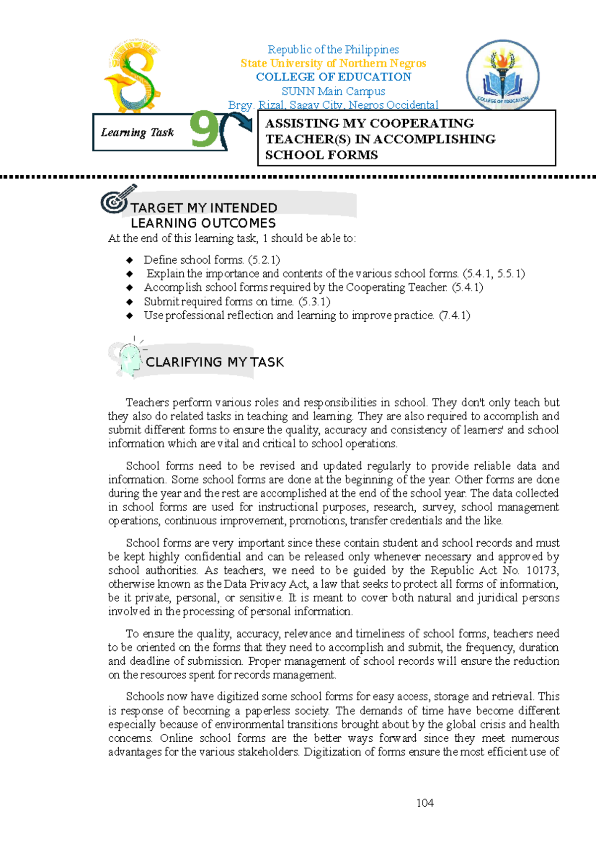 Learning Task 9: Assisting in School Forms for Effective Teaching - Studocu