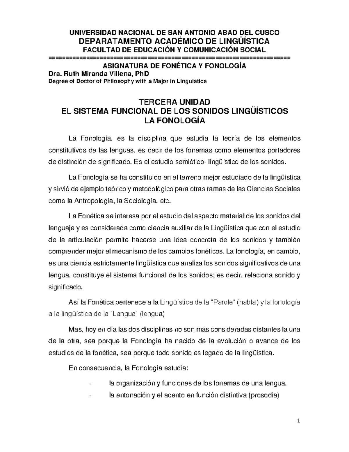 Tercera Unidad: Fonética y Fonología del Sistema Funcional - Document Preview