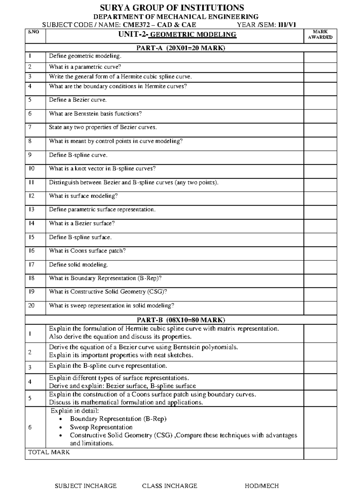 CME372 CAD CAE Unit 2 Model Question Paper and Answers - Studocu