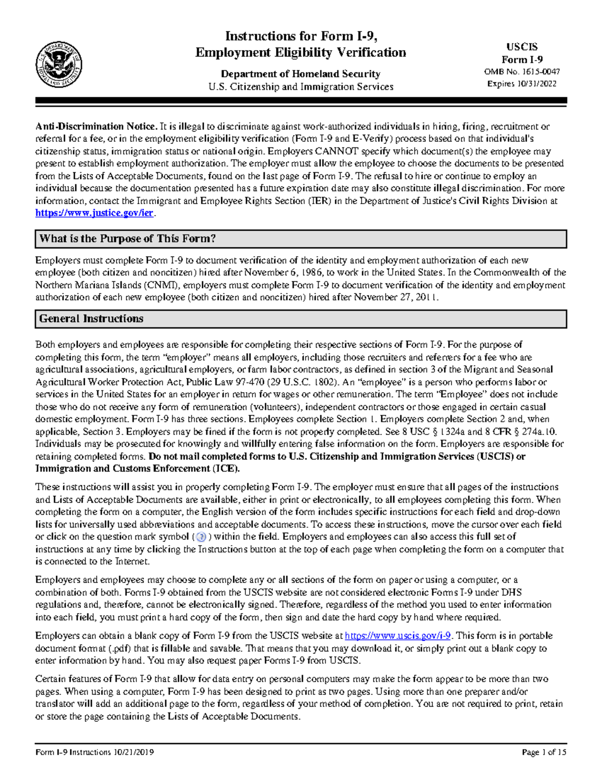 Uscis Form I-9 Instructions - Instructions for Form I-9, Employment ...
