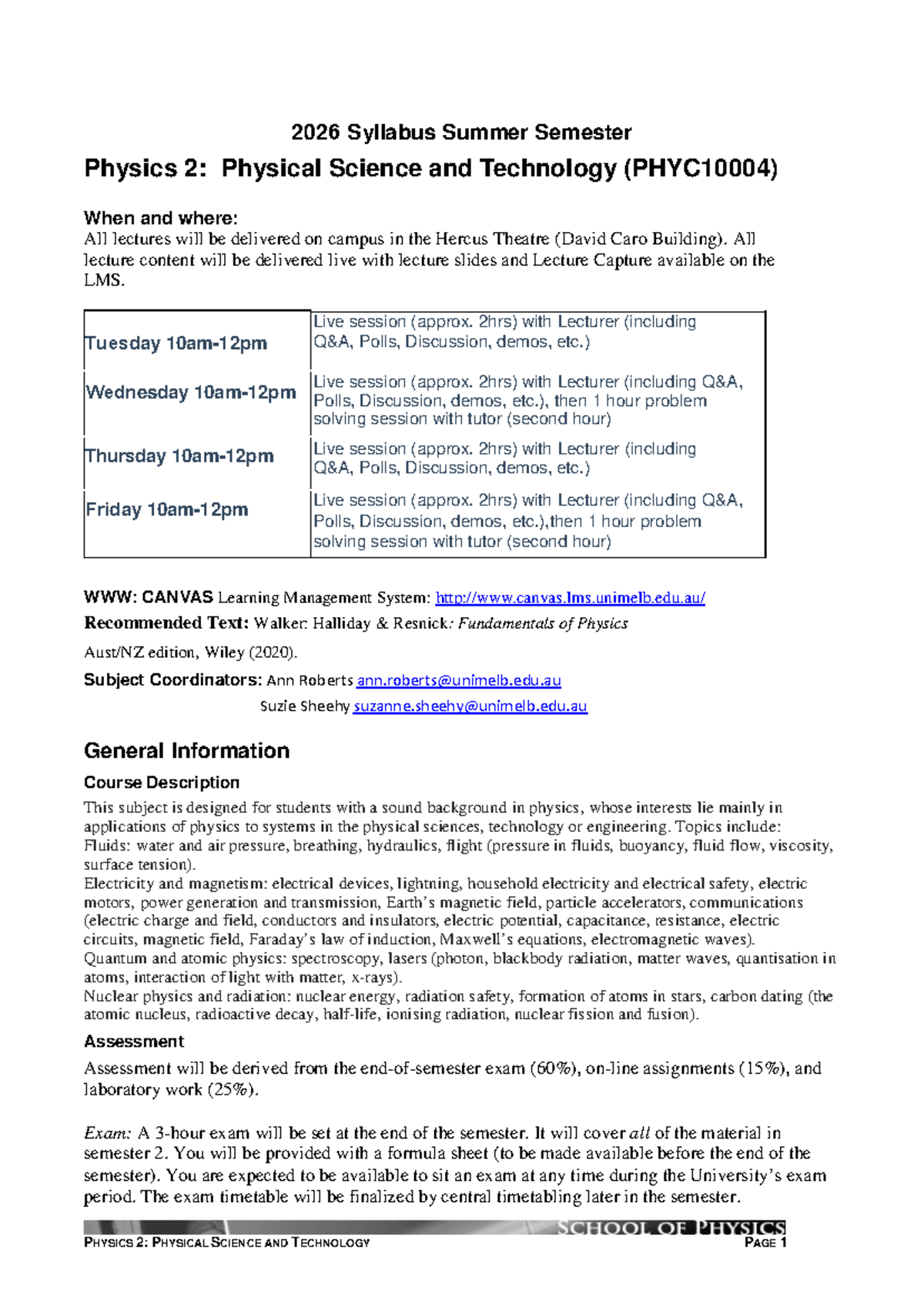 PHYC10004 Syllabus 2026: Physics 2 - Physical Science & Technology ...