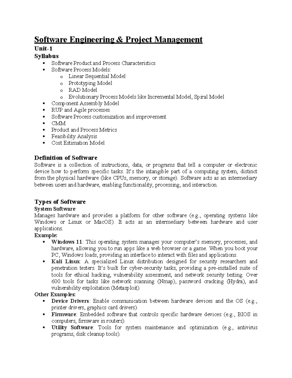 Unit-1 Software Engineering Notes: Key Concepts & Models - Studocu
