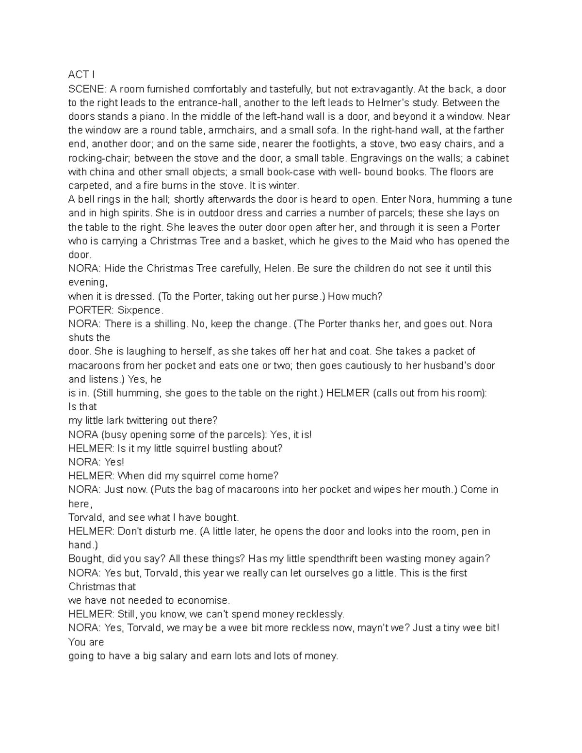 A Doll's House - Act I Scene Description and Dialogue - Studocu