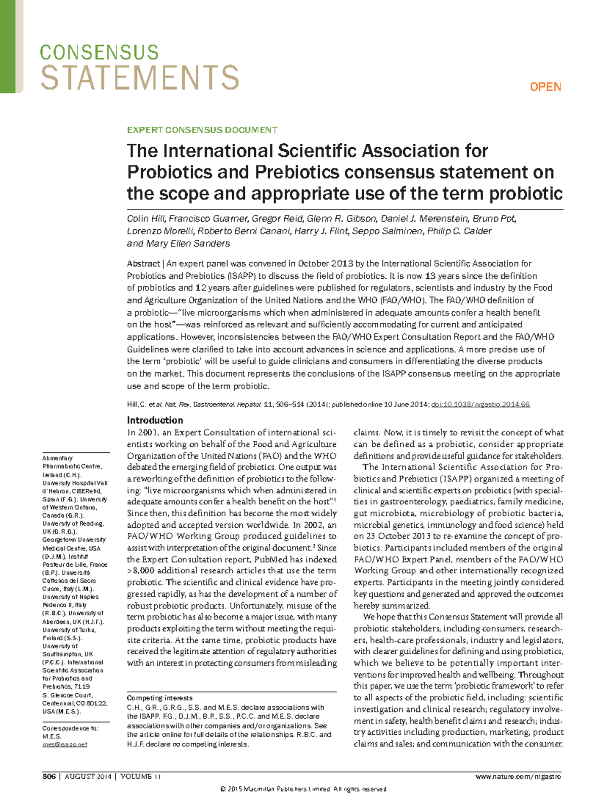 ISAPP Consensus Statement on Probiotics: Scope and Use Guidelines - Studocu