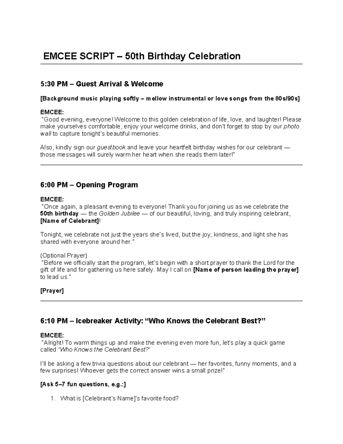 Emcee Script for 50th Birthday Celebration Event - Studocu