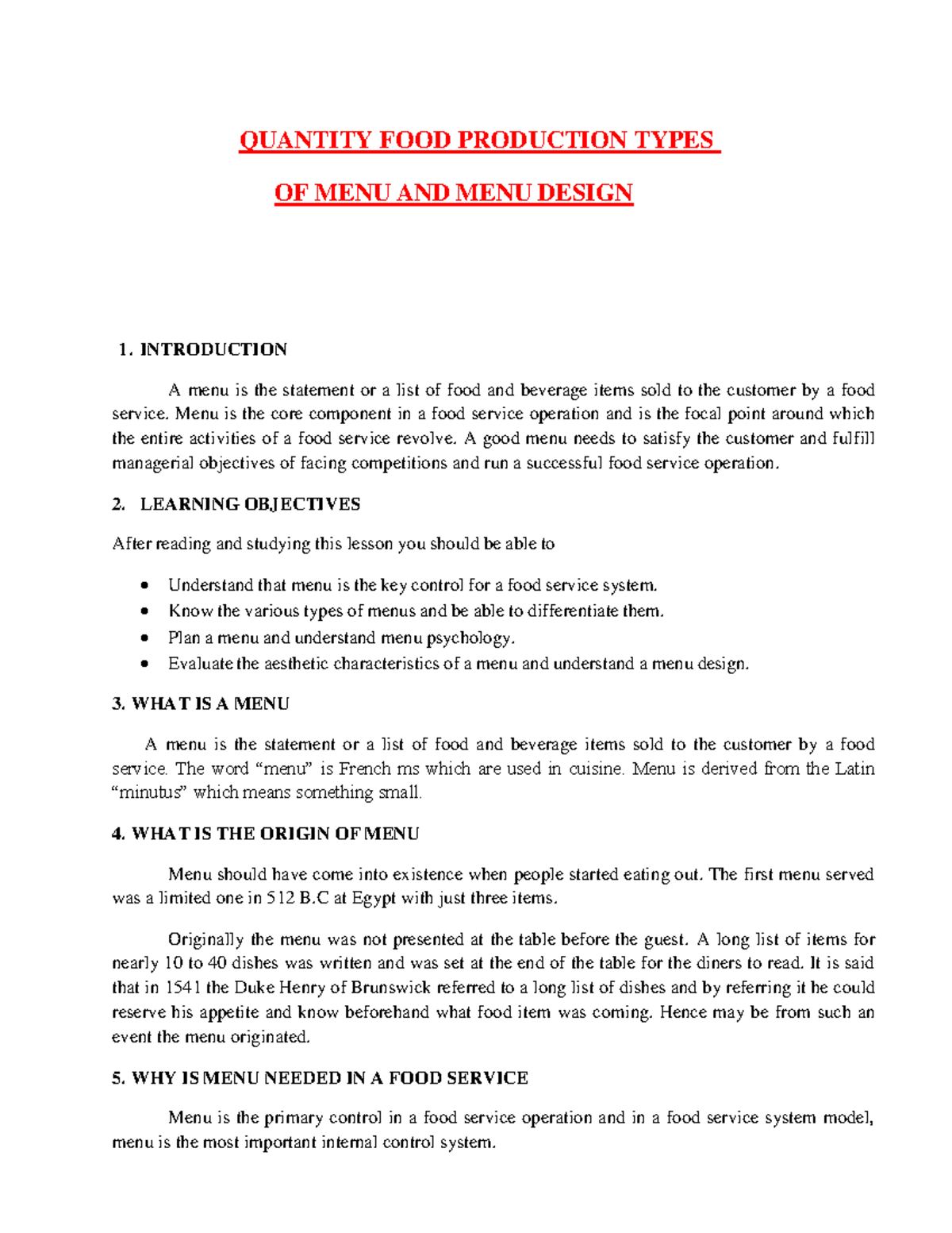 Quantity Food Production: Types of Menu & Menu Design Notes - Studocu