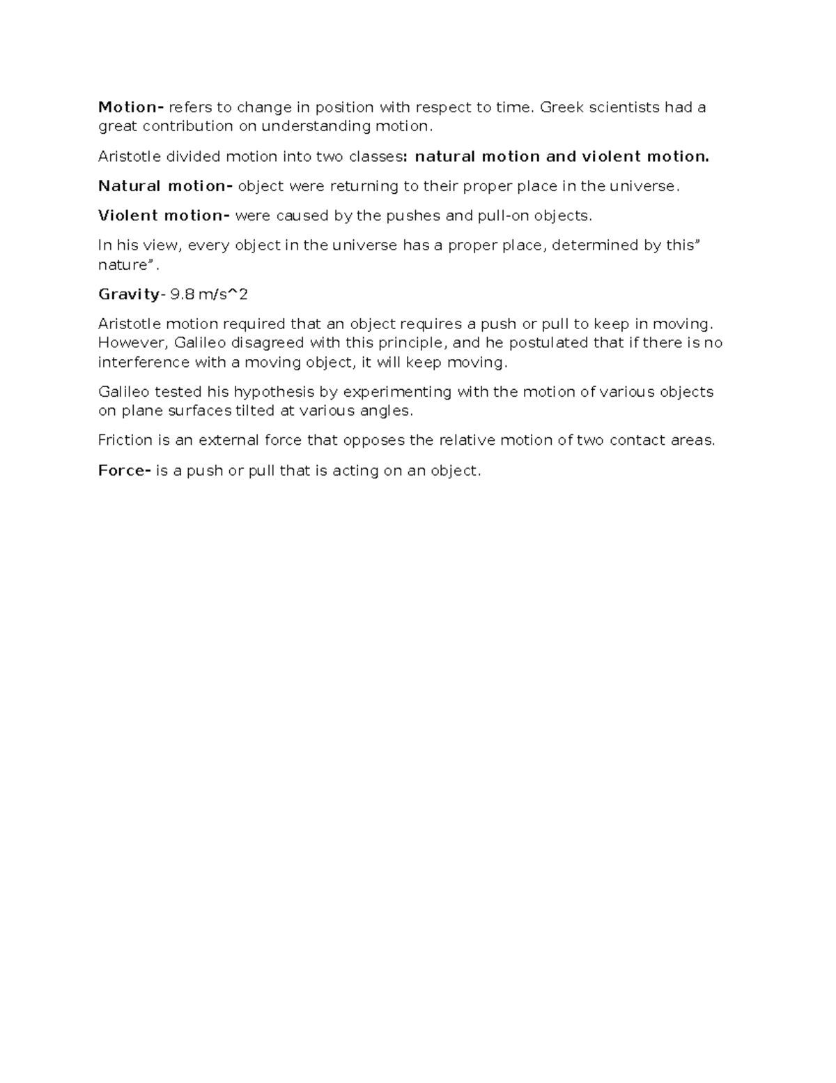 4th quarter science - notes - Motion- refers to change in position with ...