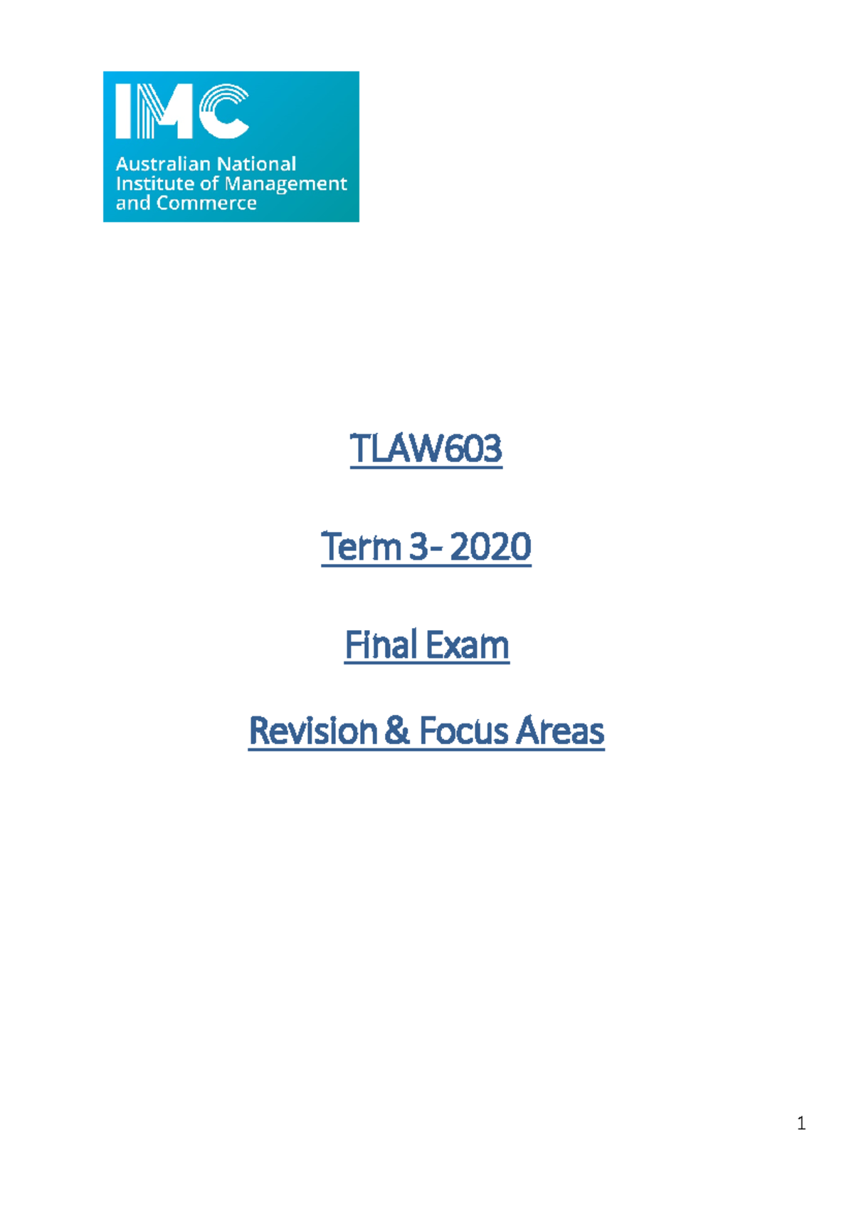 TLAW603 Final Examination 2020 - Revision and Focus Areas - TLAW 603 ...