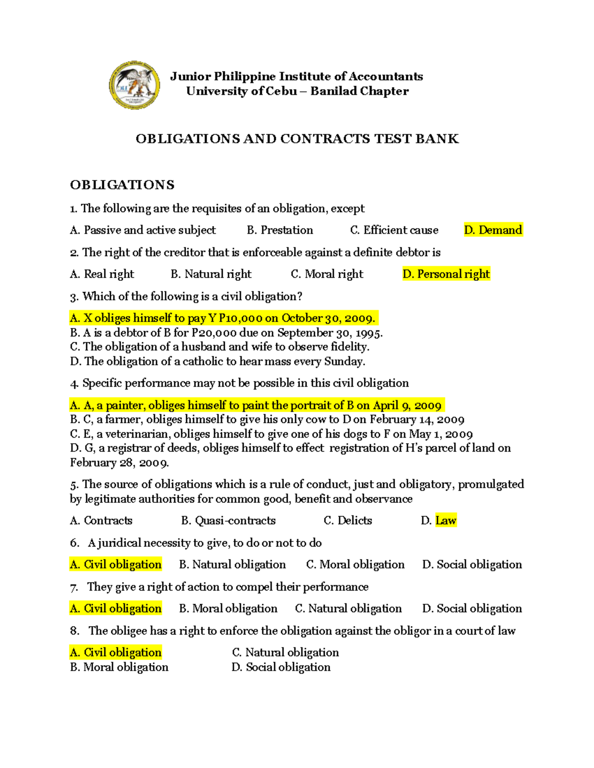 OBLIGATIONS AND CONTRACTS TEST BANK - OBLICON 2 Study Guide - Studocu