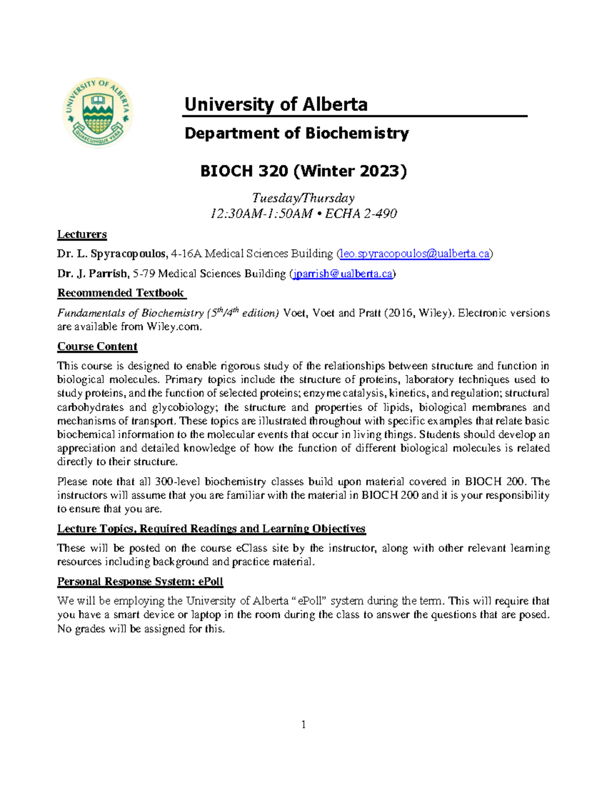 BIOCH 320 Winter 2023 Course Handout and Exam Info - Studocu