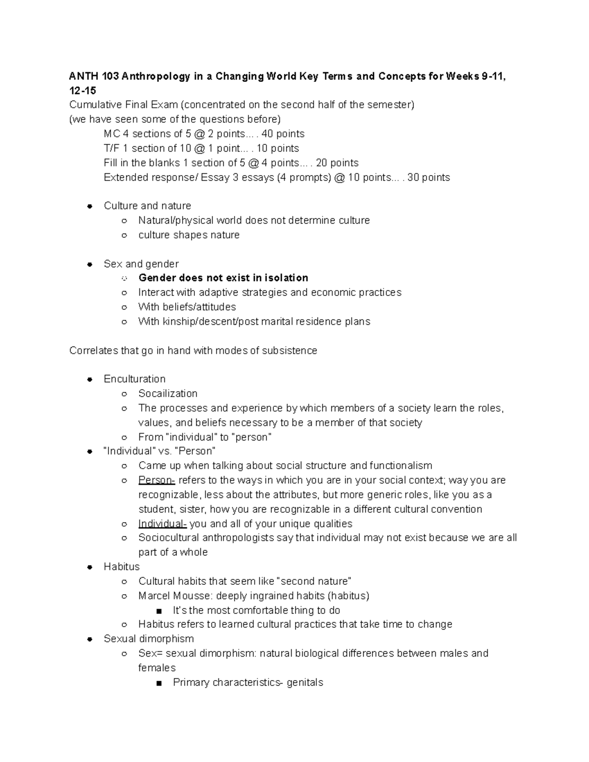 ANTH 103 Final Exam Study Guide: Key Concepts from Weeks 9-11 - Studocu