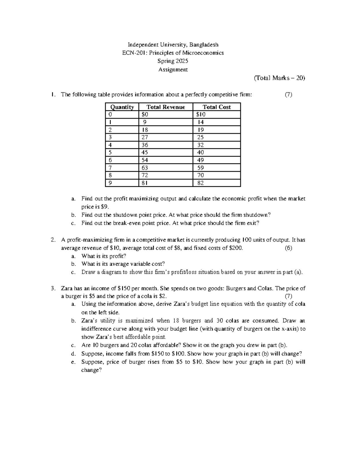 Econ 101: Principles of Microeconomics Spring 2025 Assignment Questions ...