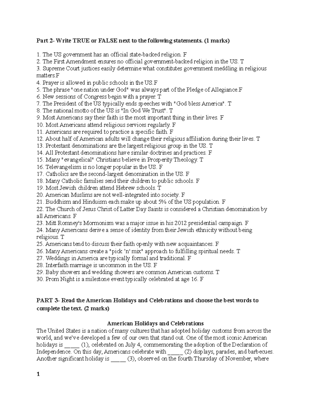 US Part 2, 3 - TRUE or FALSE Statements & American Holidays Practice ...