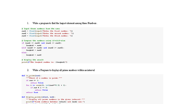 UNIT 1 Python Programs: Finding Largest, Prime Numbers & More - Studocu