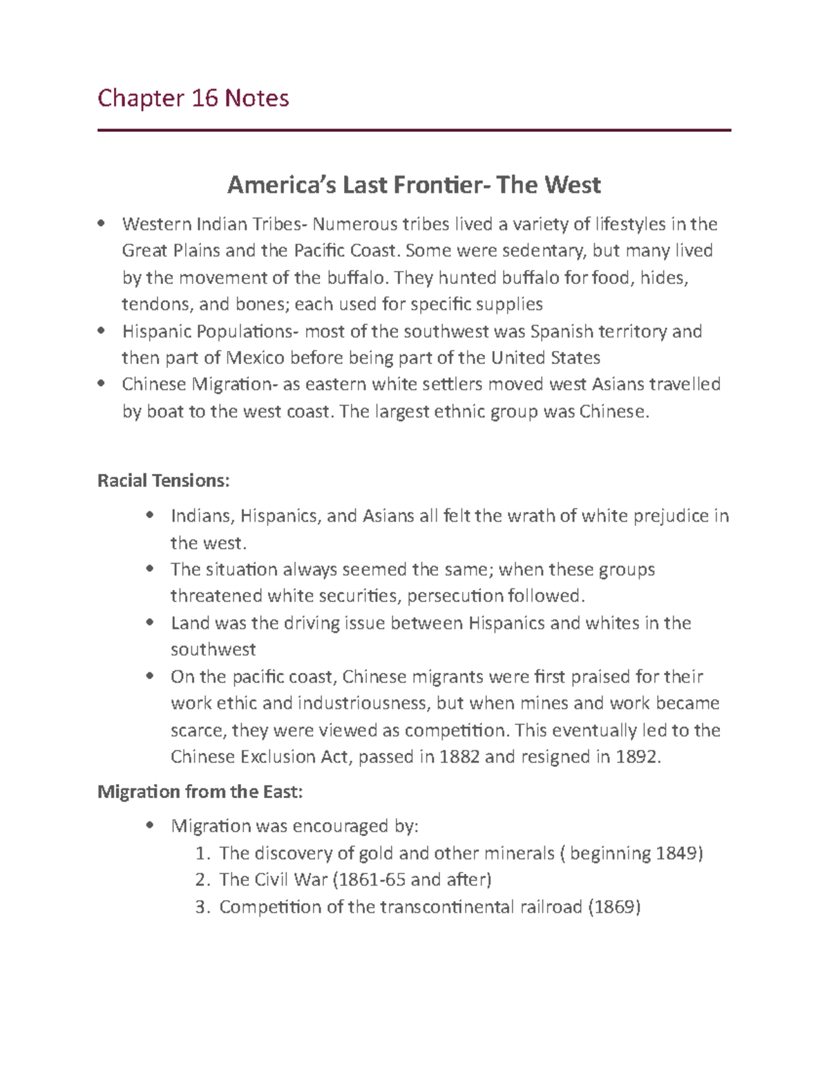 Chapter 16 Notes - Chapter 16 Notes America’s Last Frontier- The West ...
