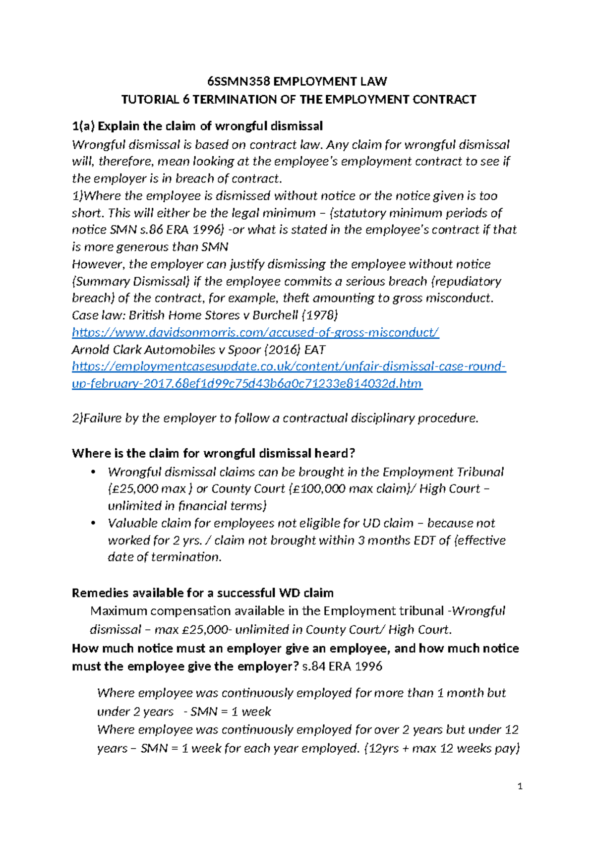6SSMN358 Employment Law Tutorial 6: Wrongful & Unfair Dismissal ...