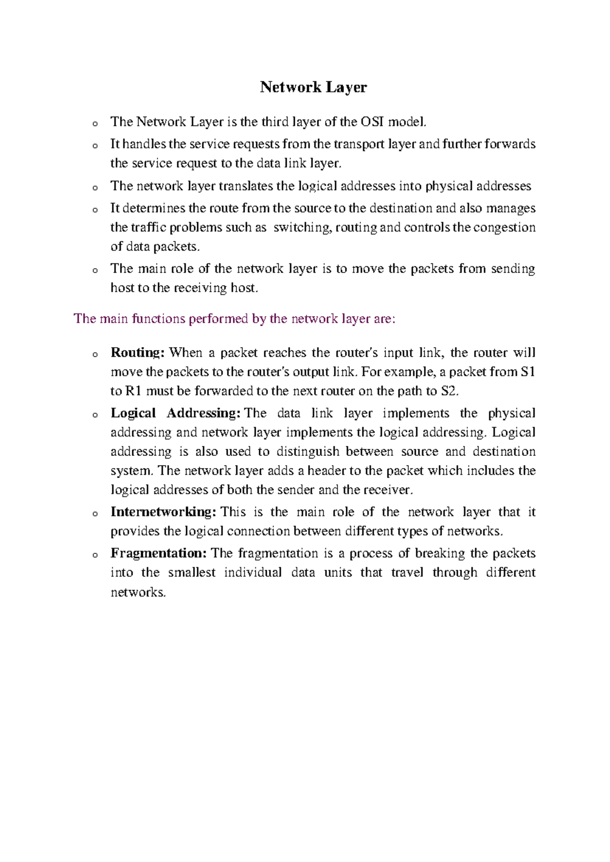 Unit 3: Network Layer - Comprehensive Notes & Key Functions - Studocu