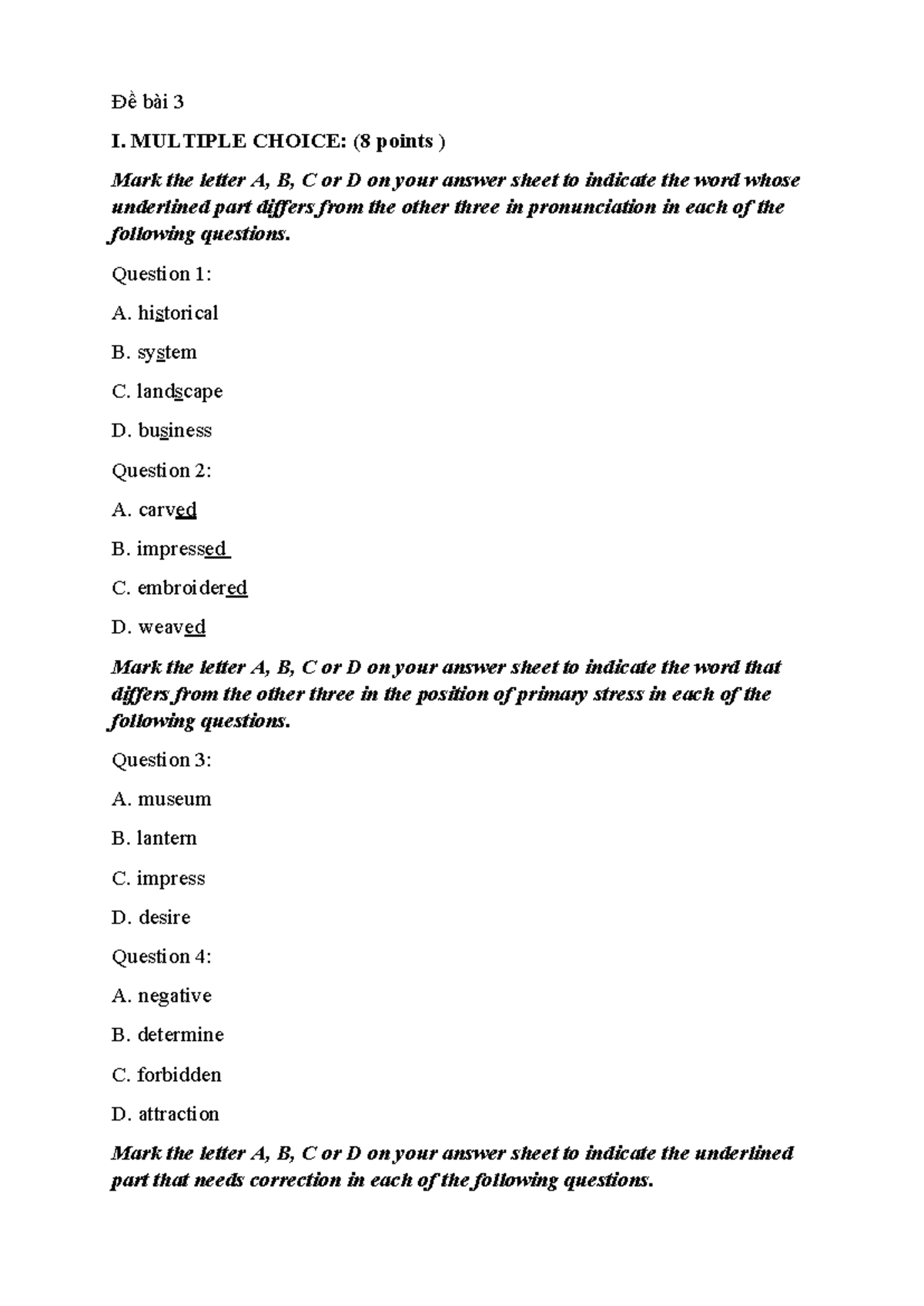 Đề bài 3 - Multiple Choice Questions and Writing Exercises - Studocu