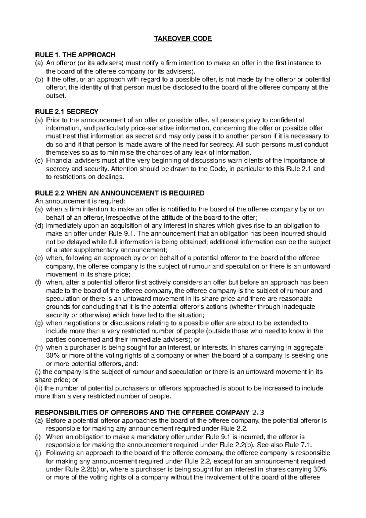 Takeover Code: Regulations and Rules for Corporate Offers - Studocu
