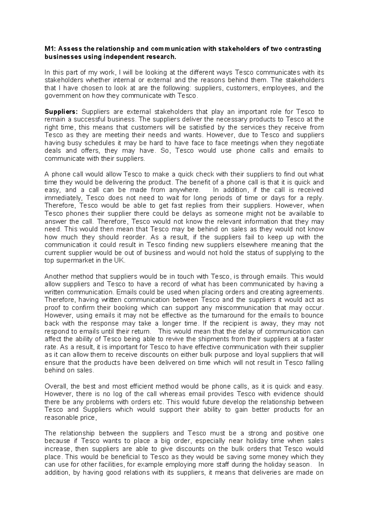 M1: Stakeholder Communication Analysis of Tesco - BETC Business Level 3 ...
