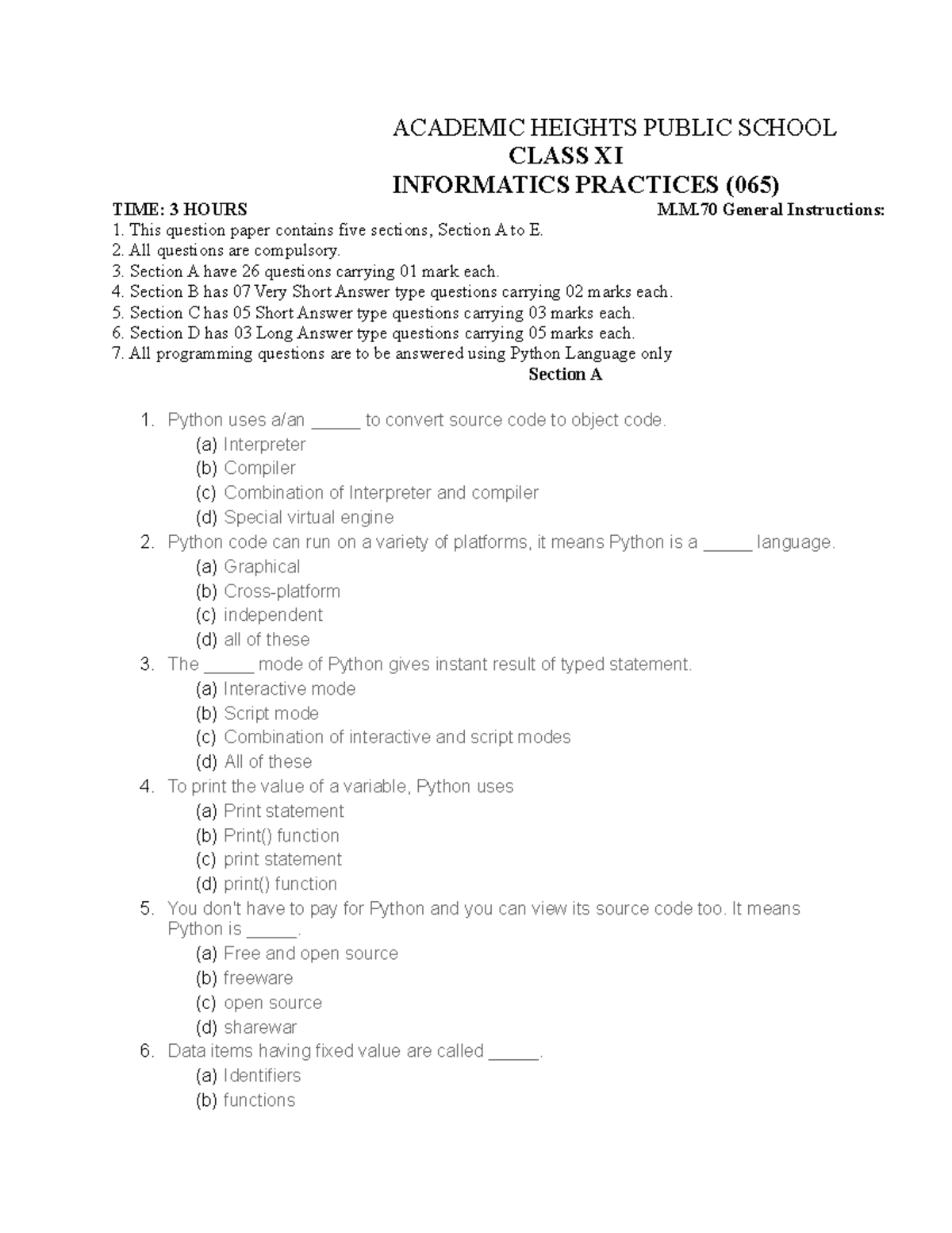 Class 11TH IP 065 - Informatics Practices Question Paper and Solutions ...