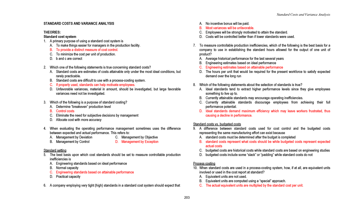 Standard Costs & Variance Analysis: Key Concepts and Applications - Studocu