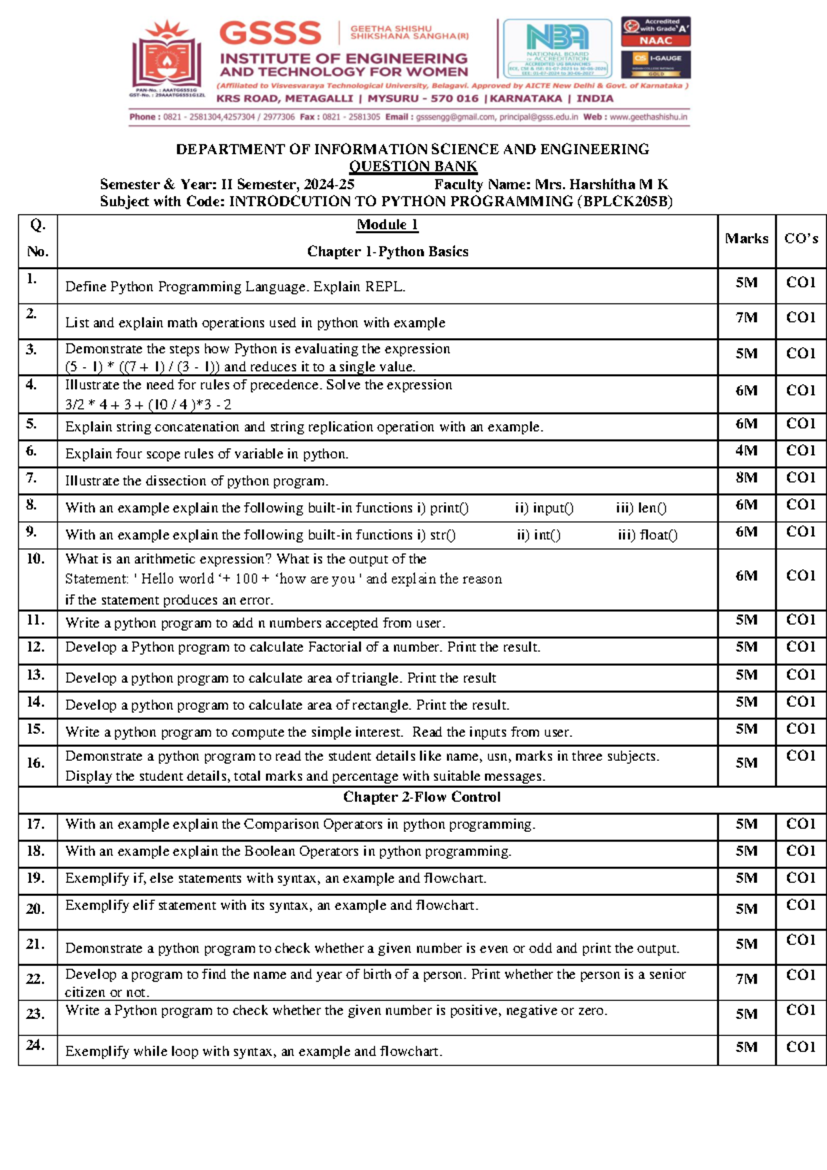 Question Bank for Introduction to Python Programming (BPLCK205B) - II ...