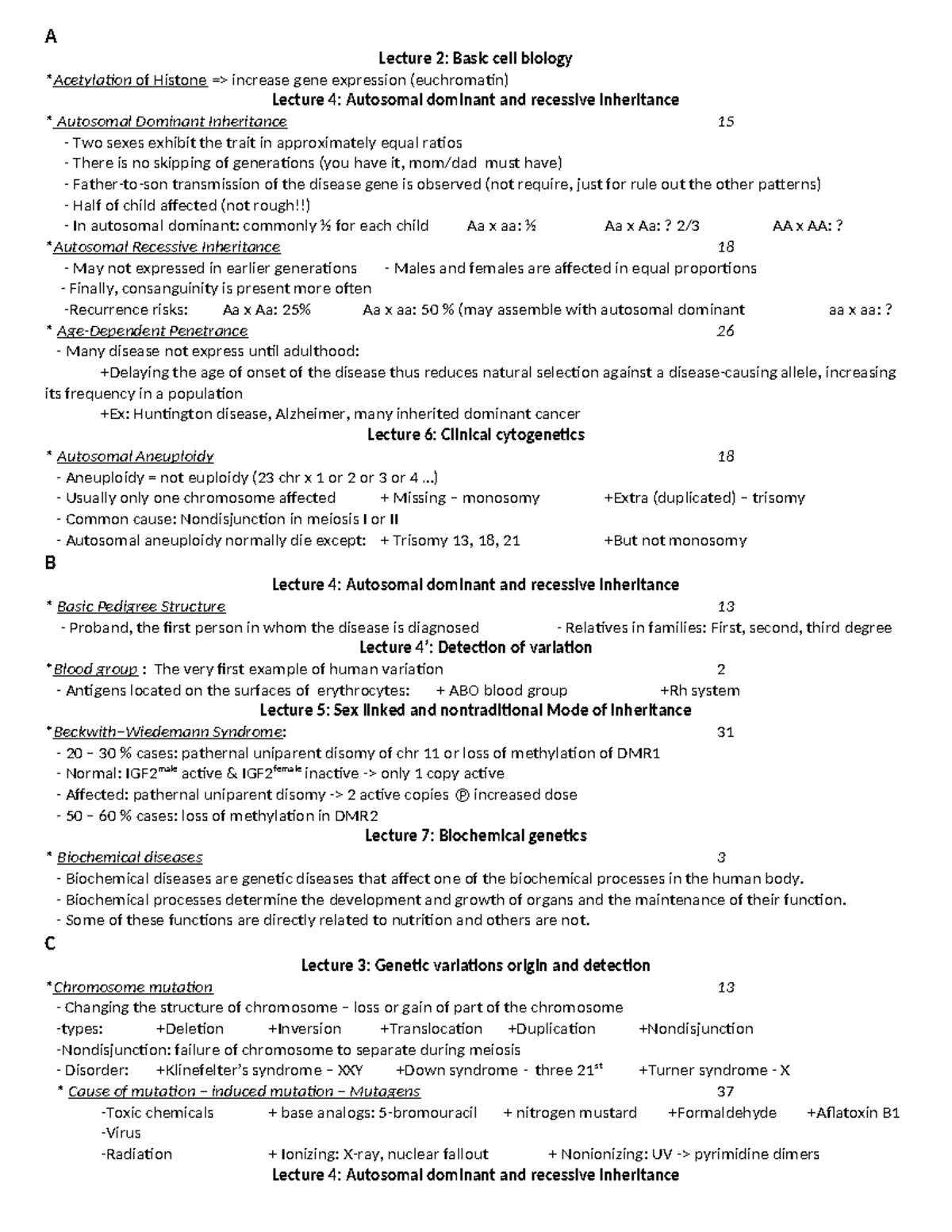 Lecture Notes: Genetics Overview (Course Code: BIO101) - Studocu