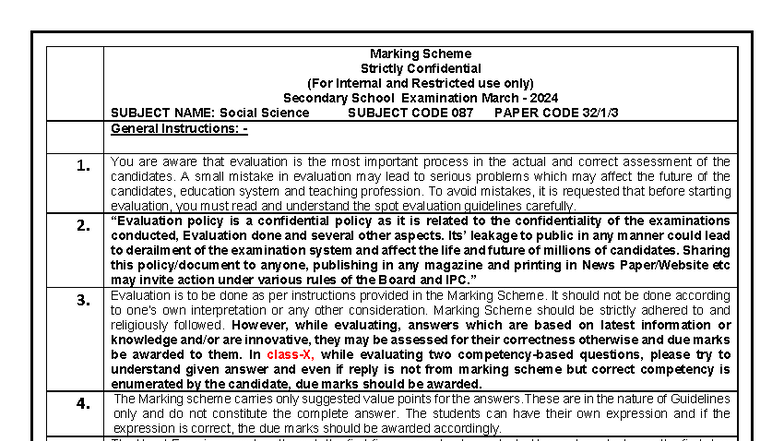 Marking Scheme for Social Science Exam (Subject Code 087) - March 2024 ...