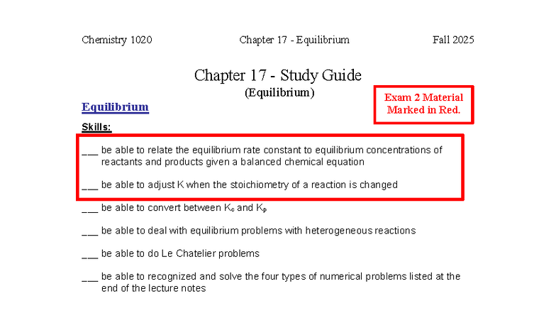 Chemistry 1020 Chapter 17 Equilibrium Study Guide (Fall 2025) - Studocu