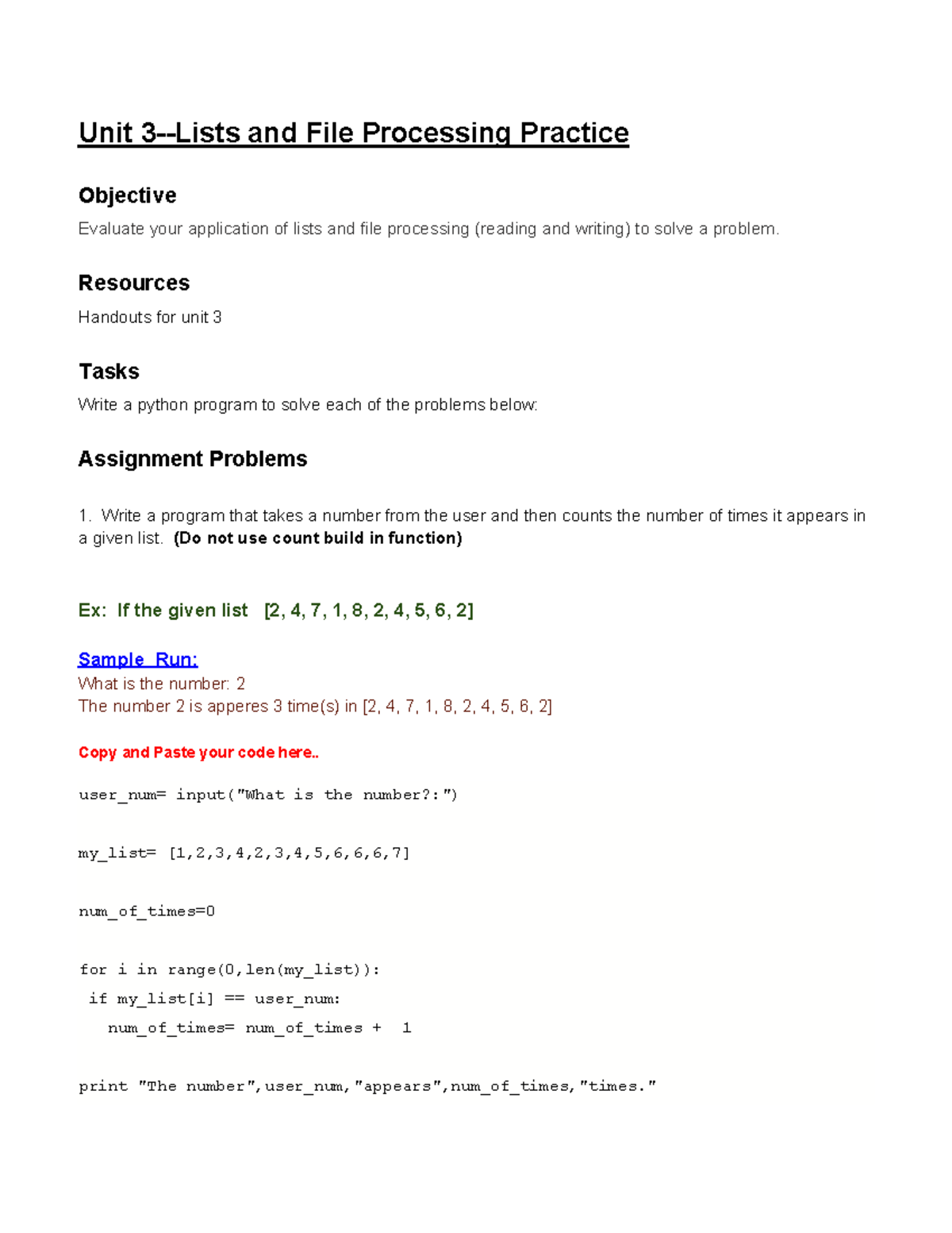 Unit 3 Practice Assignment - Unit 3-Lists and File Processing Practice ...