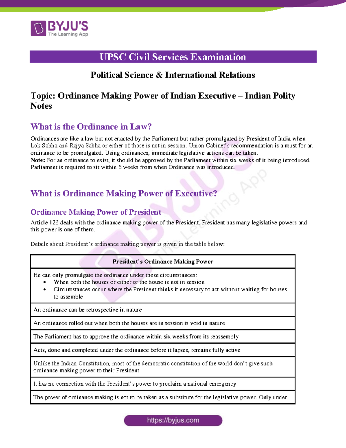 Ordinance Making Power of Indian Executive - UPSC PSIR Notes - Studocu