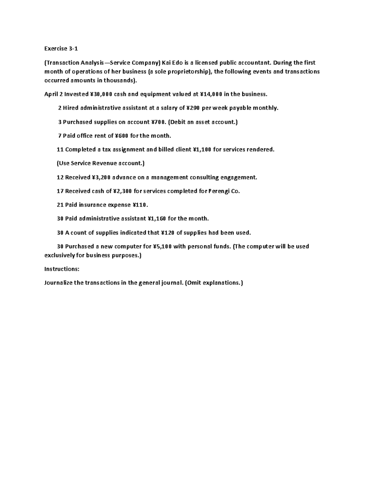 Exercises - Chapter 3: Transaction Analysis and Adjusting Entries - Studocu