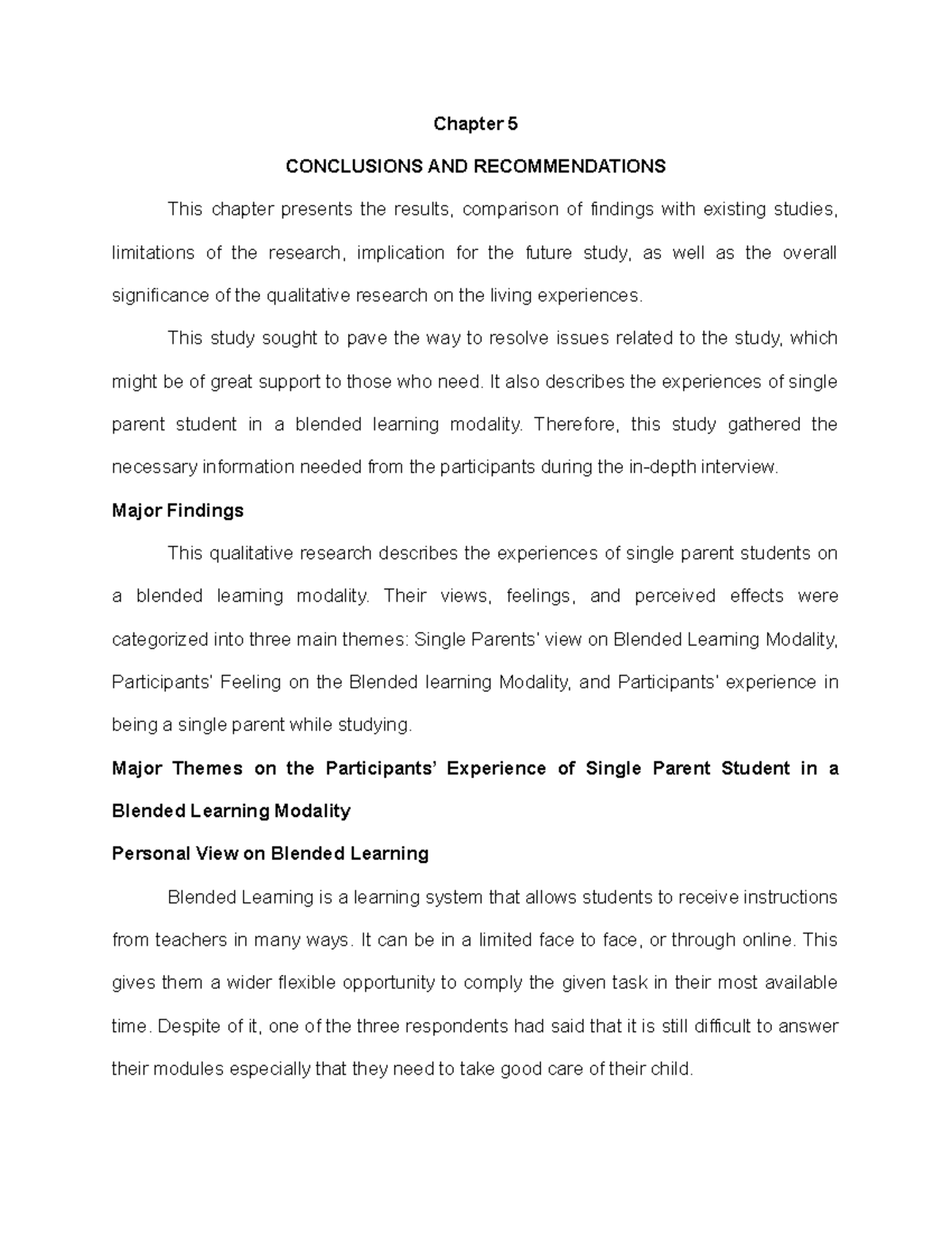 Chapter 5 - Conclusions & Recommendations on Blended Learning Modality ...