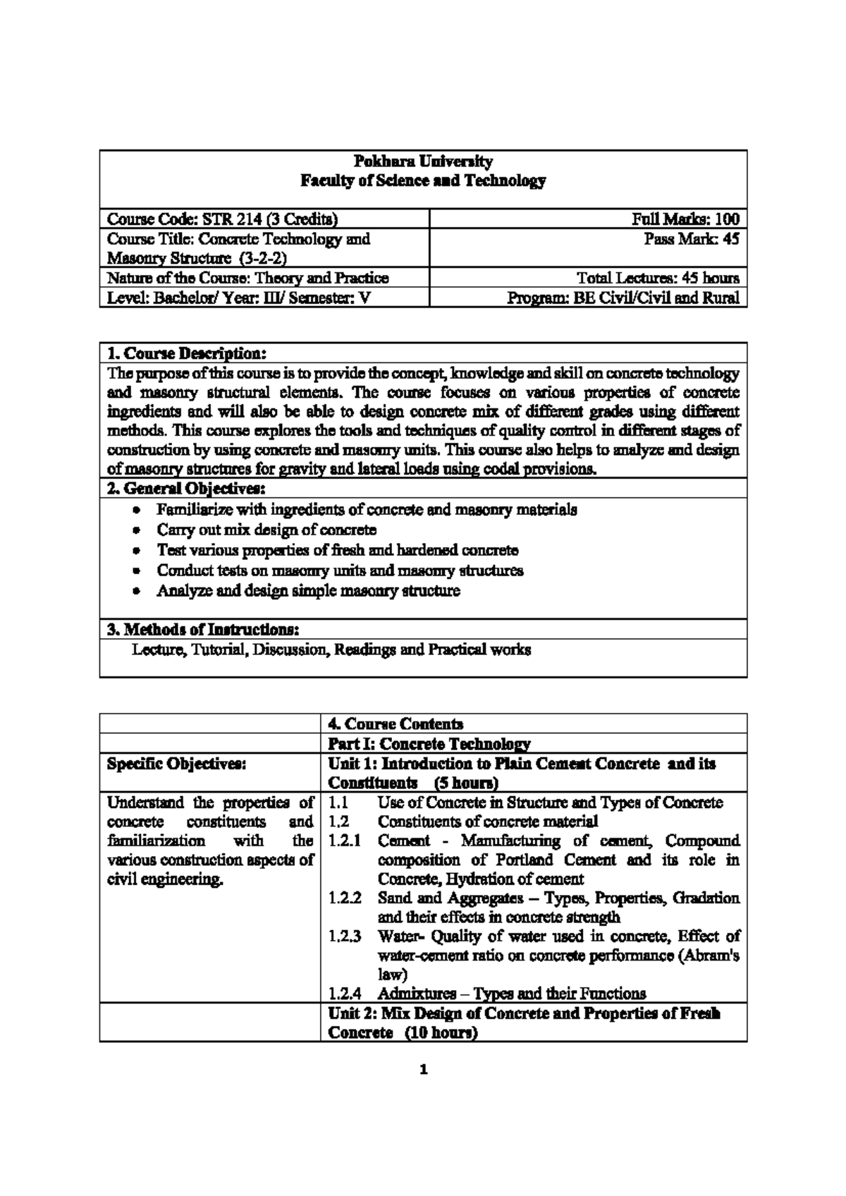 Concrete Technology Course STR 214: Comprehensive Syllabus and ...