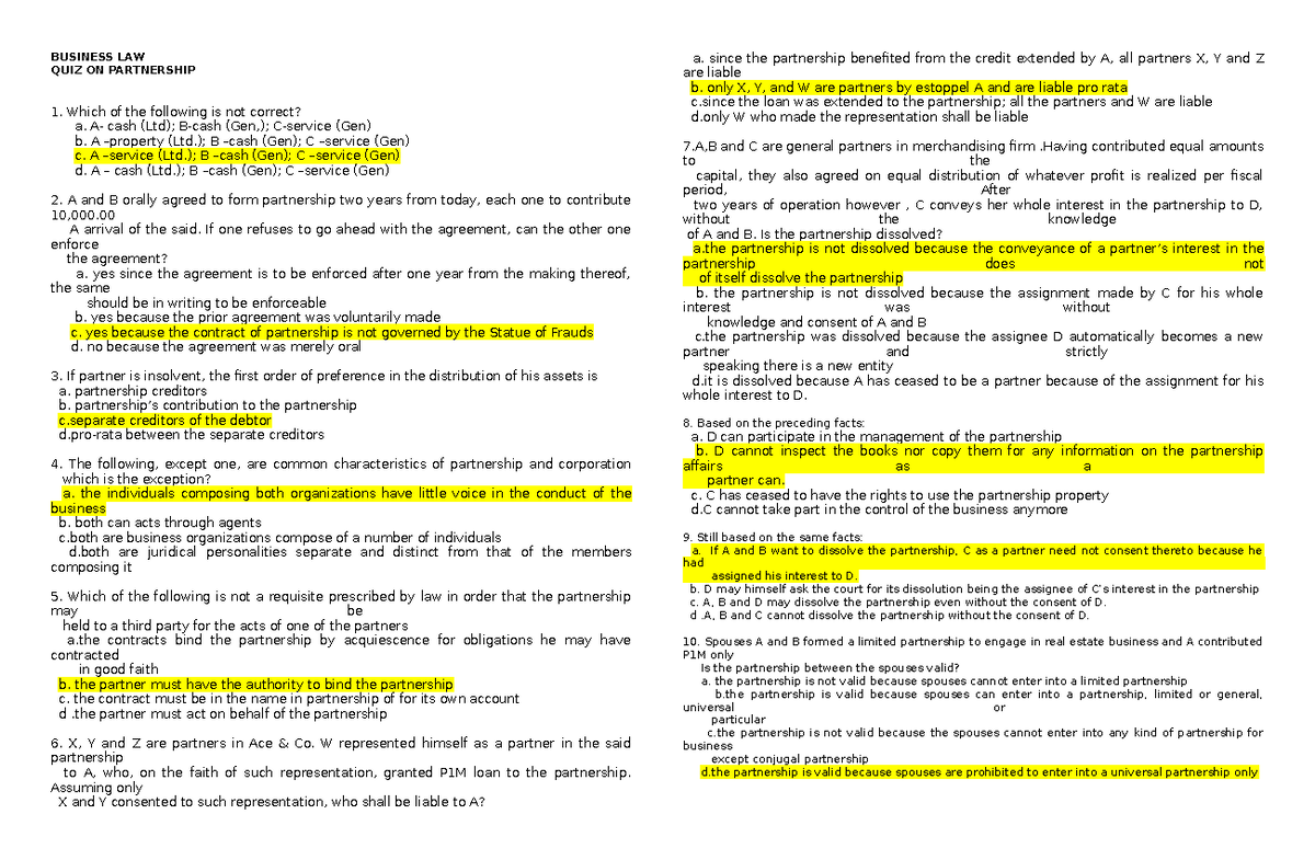 BUS 347387367 Quiz on Partnership: Key Questions & Answers - Studocu