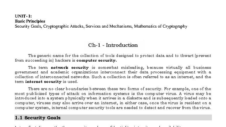 CNS U - 1 - R20 JNTUK: Intro to Cryptography & Security Goals - Studocu