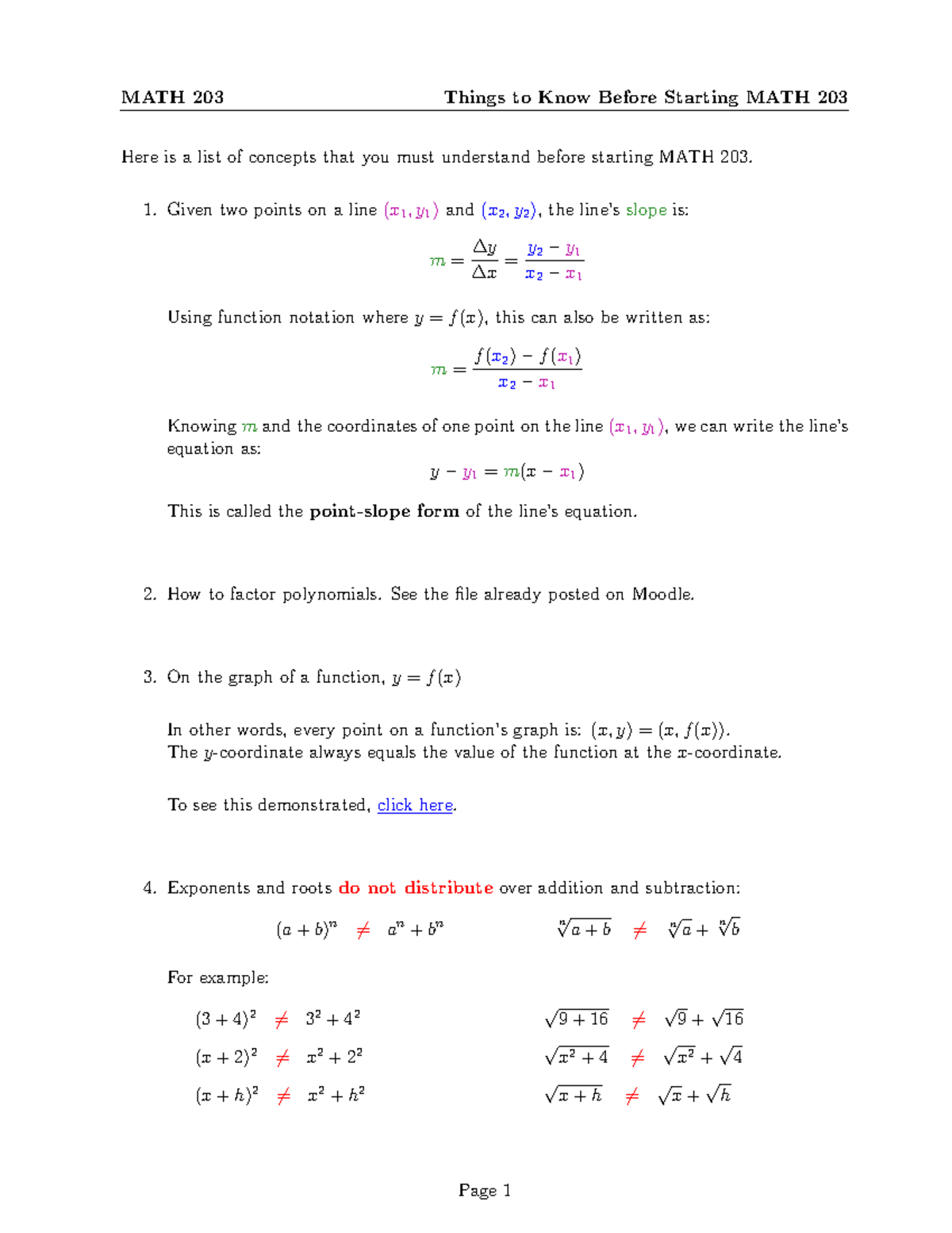 Things to Know Before Starting MATH 203 - Here is a list of concepts ...