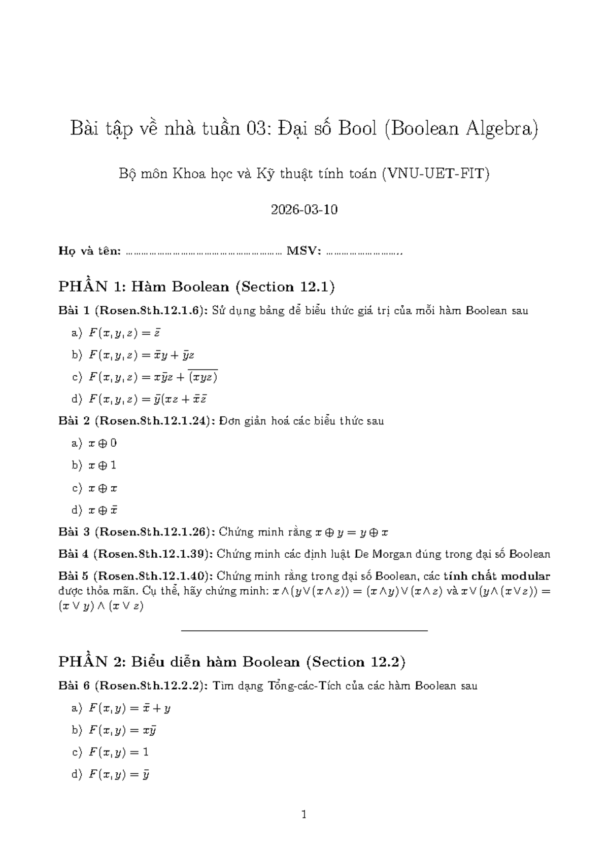 Bài tập về nhà tuần 03: Đại số Bool (Boolean Algebra) - Khoa học và Kỹ ...
