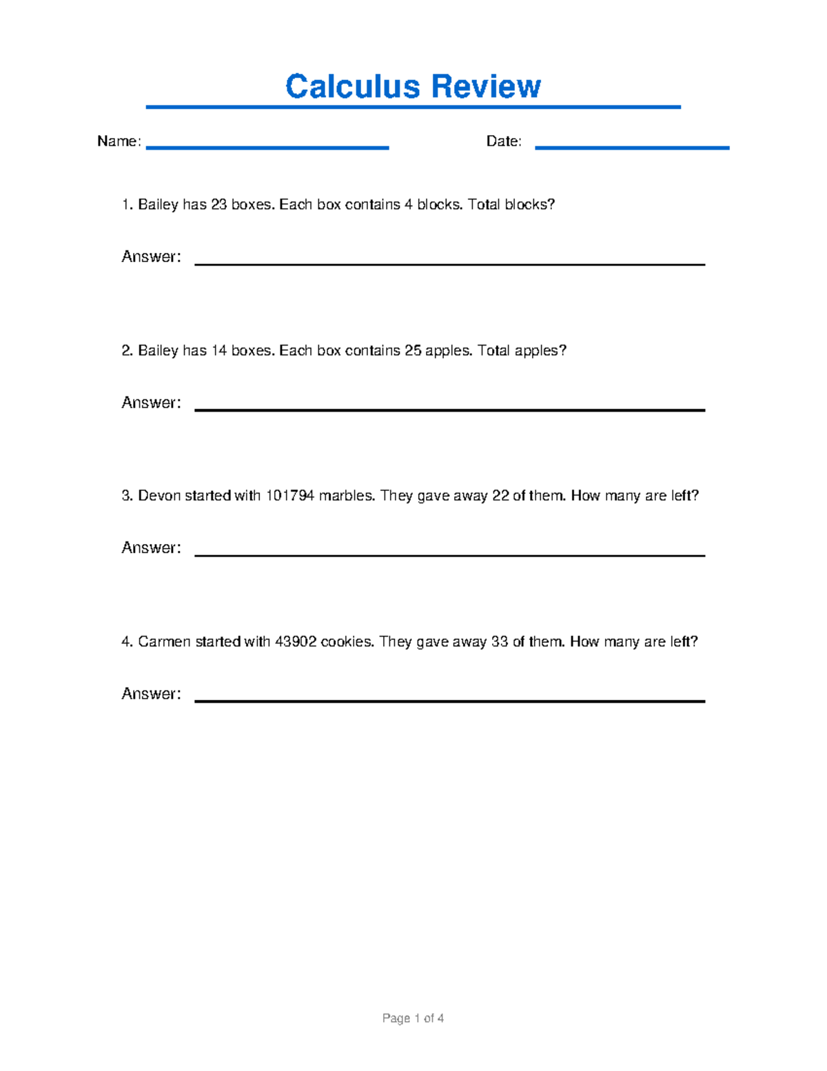 Calculus Review 2: Problem Set and Answer Key - Studocu