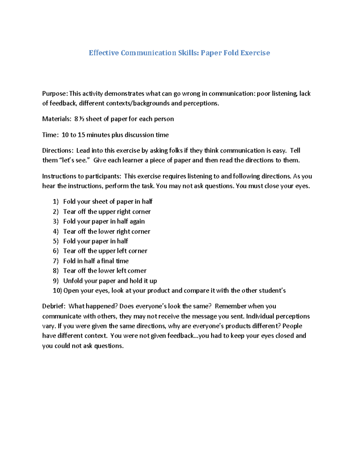 Effective Communication Skills: Paper Fold Activity Guide - Studocu
