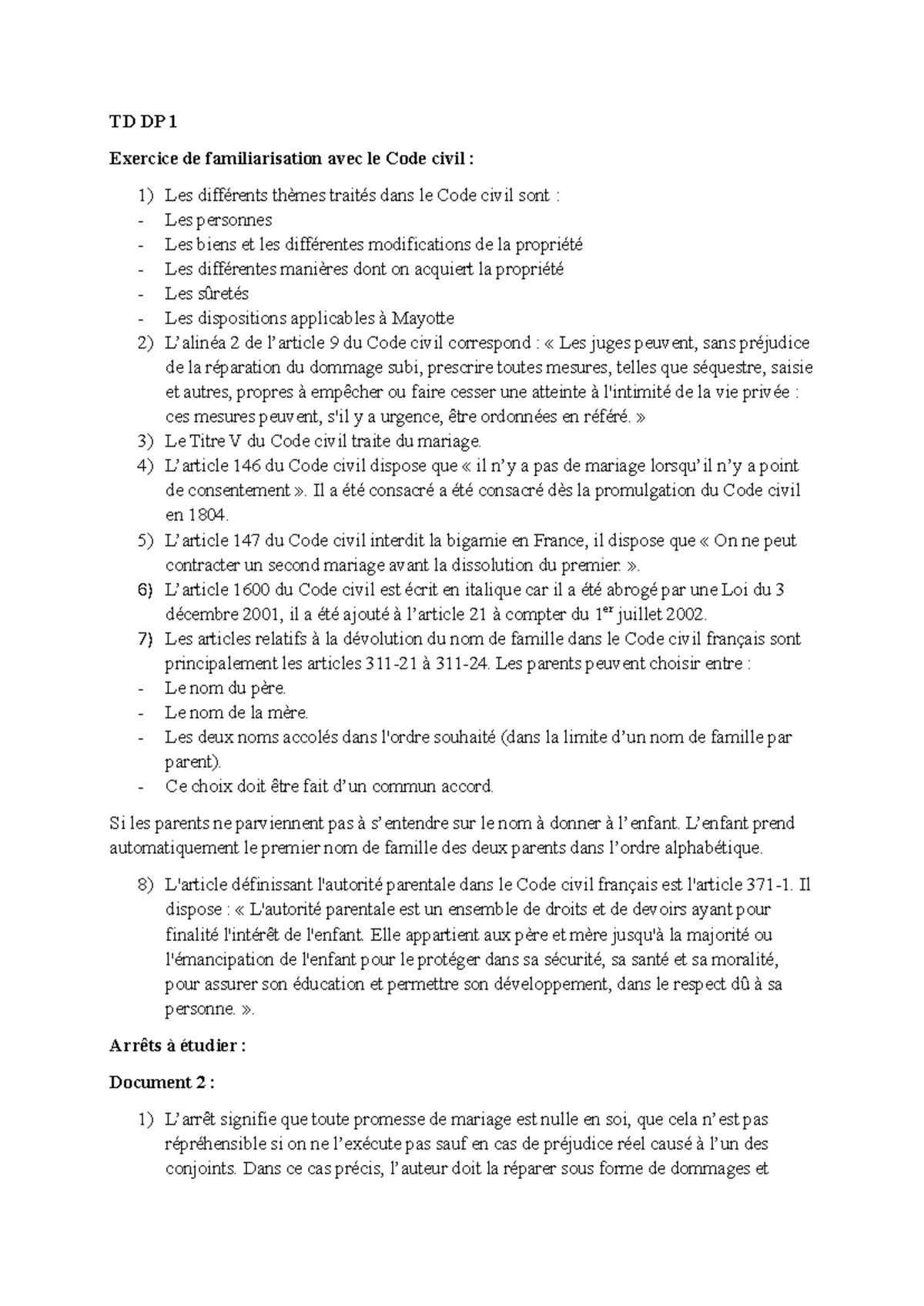 TD DP 1 - Exercice de Familiarisation avec le Code Civil et ses Thèmes ...