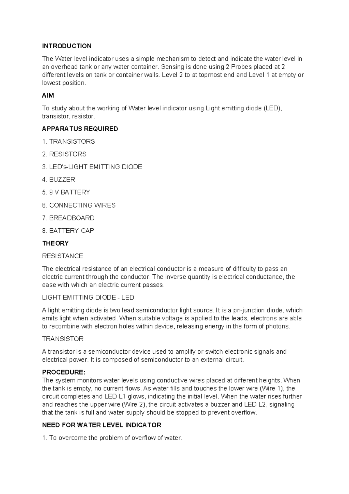 Water Level Indicator Project - Study of LED & Transistor Mechanism ...