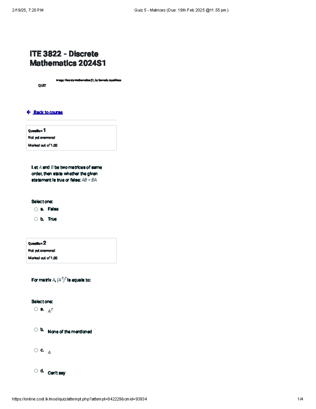 Quiz 5 - Matrices (Due 19th Feb 2025 @11.55 pm) - ITE 3822 - Discrete ...