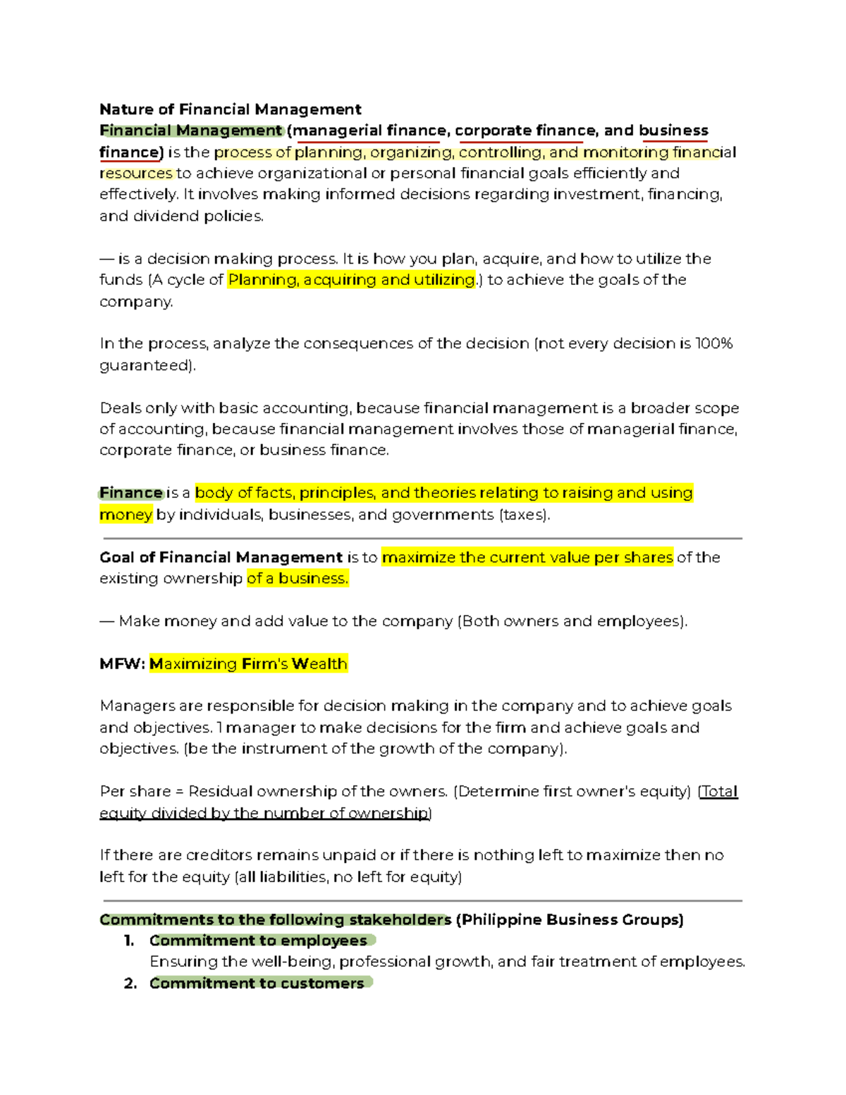 Financial Management Chapter 1-4 Cabrera Summary AND Questionnaires ...
