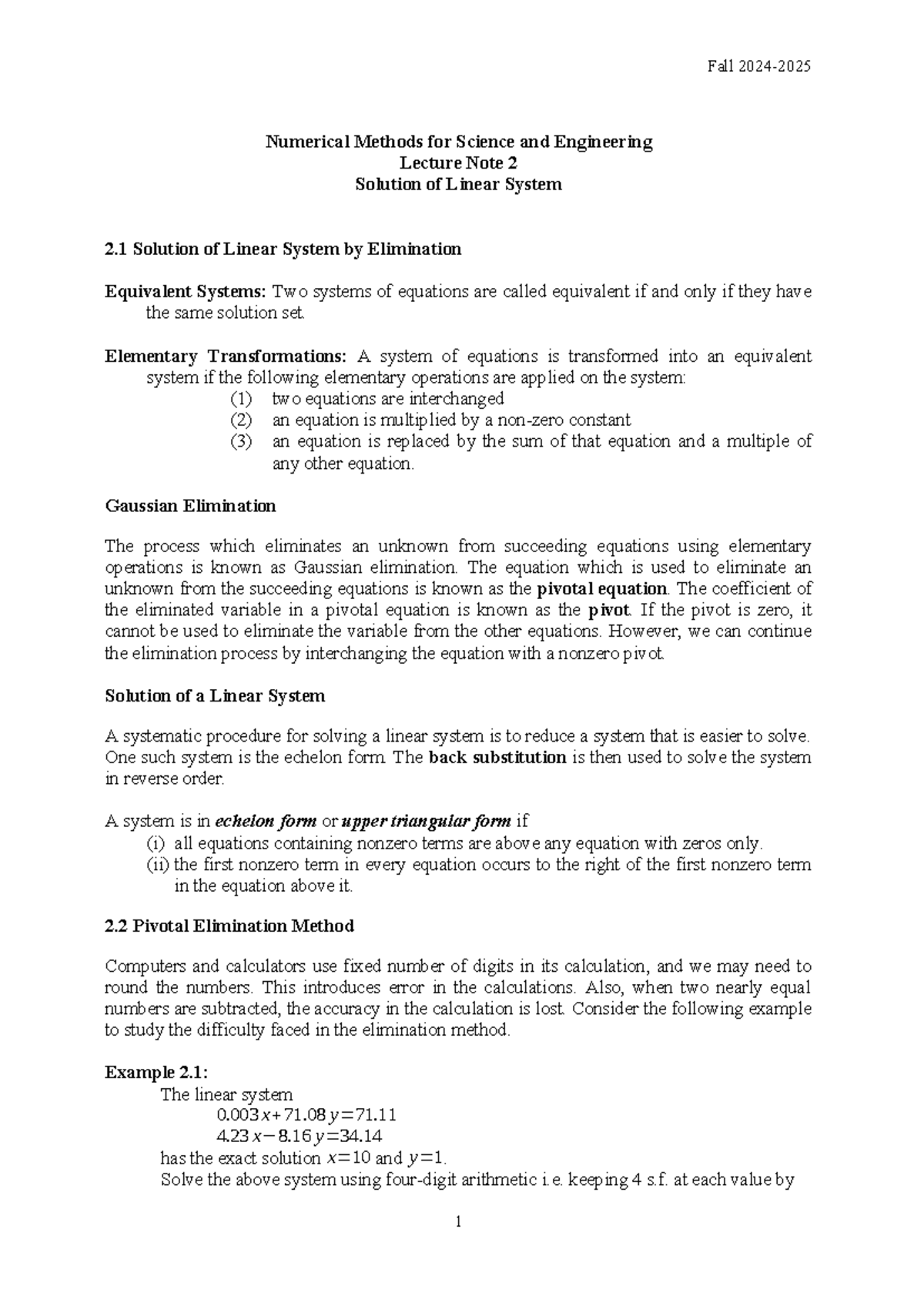 CH-2 Fall 24-25 Lecture Notes: Solutions to Linear Systems - Studocu