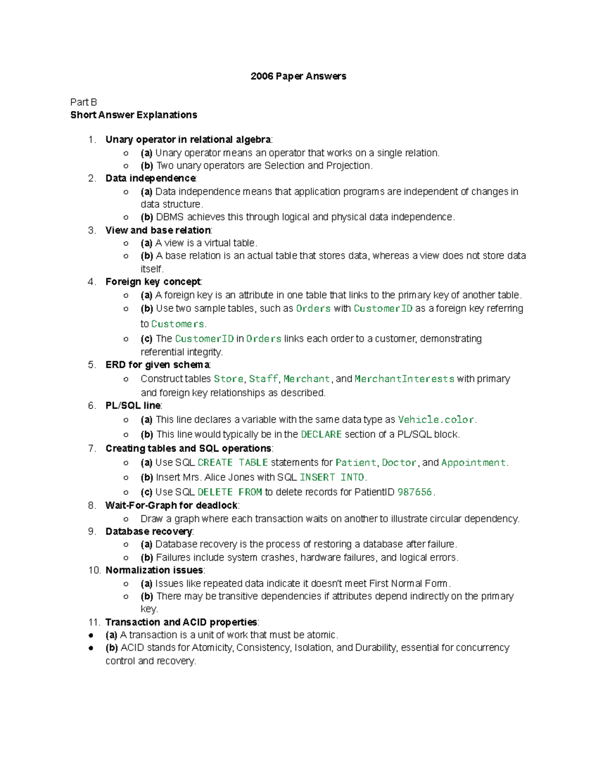 INFS2001 2006 Exam Answers: Short Answer & SQL Explanations - Studocu