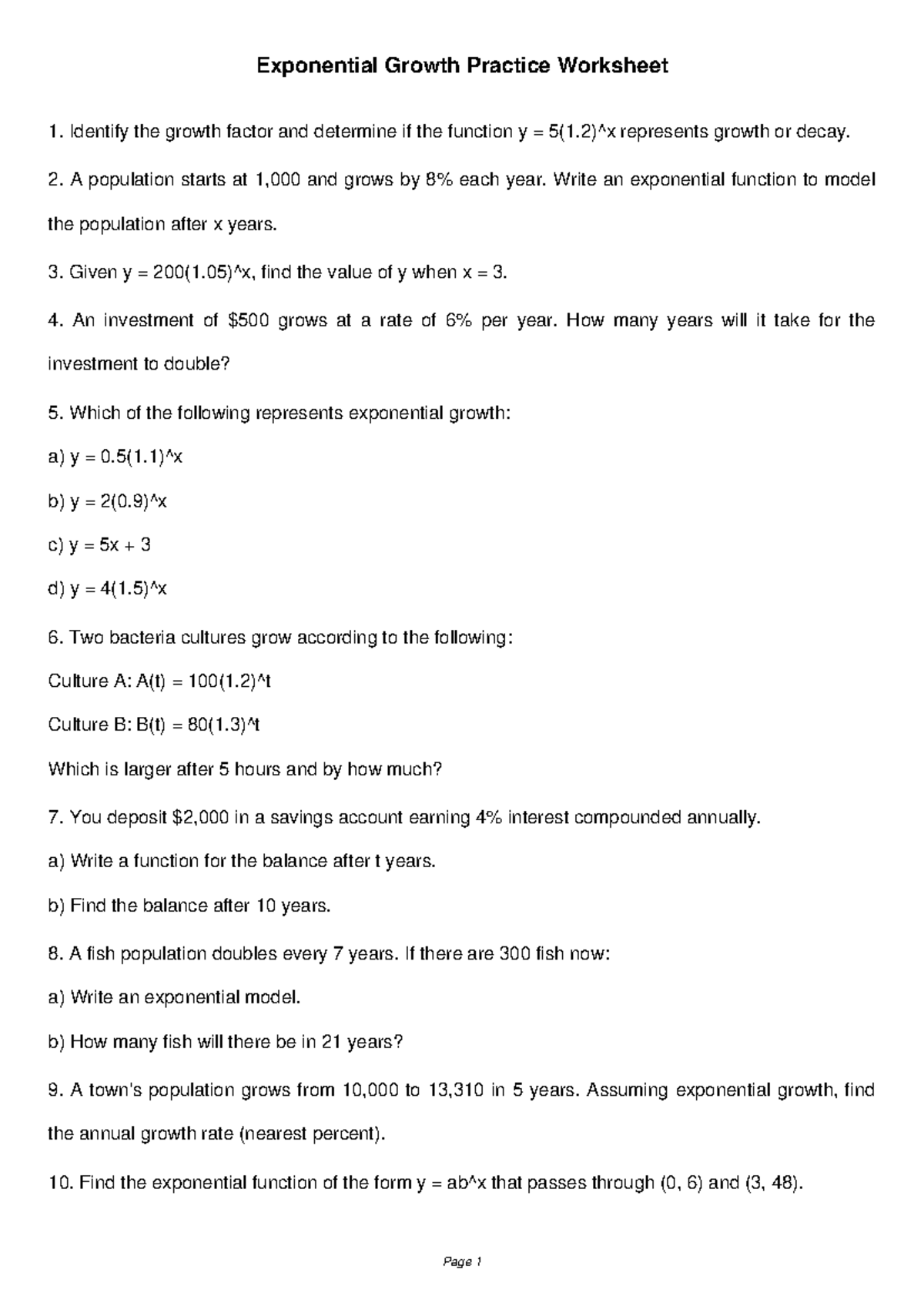 Exponential Growth Practice Worksheet: Key Concepts & Problems - Studocu